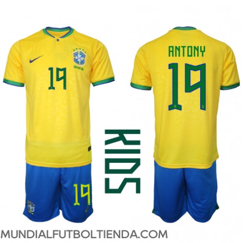 Camiseta Brasil Antony #19 Primera Equipación Replica Mundial 2022 para niños mangas cortas (+ Pantalones cortos)